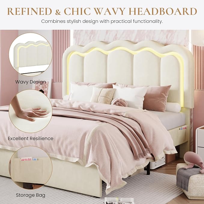 SHA CERLIN Queen Size Bed Frame with LED Lights and Storage Drawer, Cream | Upholstered Velvet Platform Bed with Adjuatable Wavy Headboard, Noise-Free, Easy Assembly,No Box Spring Needed