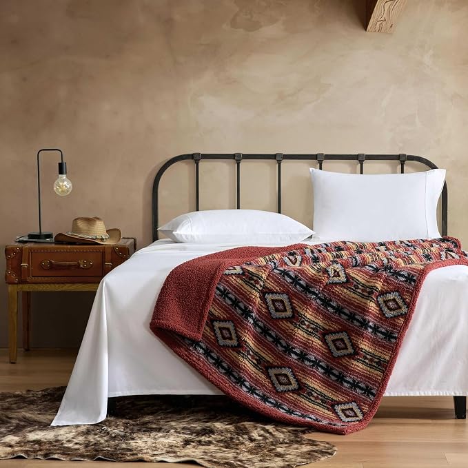 Wrangler - Reversible Throw Blanket, 50 x 60, Printed Sherpa Fleece Blanket for Bed & Couch, Cozy Decorative Throw, Anguston Red