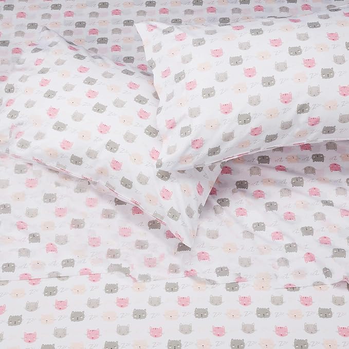 Amazon Basics 4-Piece Kid's Breathable Microfiber Sheet Set, Soft Easy-Wash Bedding Sheets with Pillowcases, Full, Pink Kitties