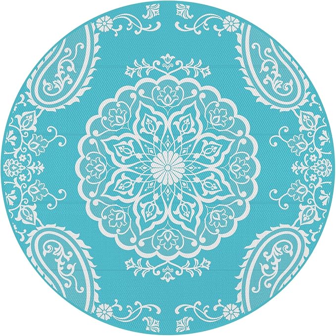 Pauwer Outdoor Rug 6ft, Waterproof Plastic Straw Camping Rug, Boho Teal | Reversible Patio Rug, UV Resistant Indoor Outdoor RV Mat Carpet For Deck, Camper, Porch, Balcony, Backyard, Picnic, Foldable