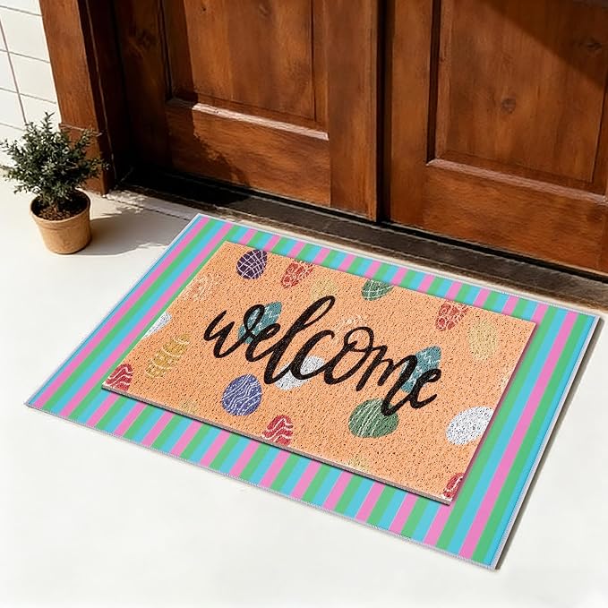 2 Pcs Easter Doormat Outdoor Entrance Colorful Eggs Welcome Door Mat Non Slip Coir Mats Floor Striped Doormat Layering Mat Seasonal for Easter Indoor Front Porch Entryway Decor 23.6 x 31.5 Inch