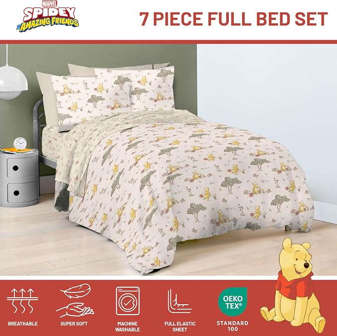 Jay Franco Kids Bed Set, Beige, Winnie The Pooh, 7 Piece Full | Cozy Soft Bedding for Stylish Room Décor with Comforter, Sheets & Pillow Covers