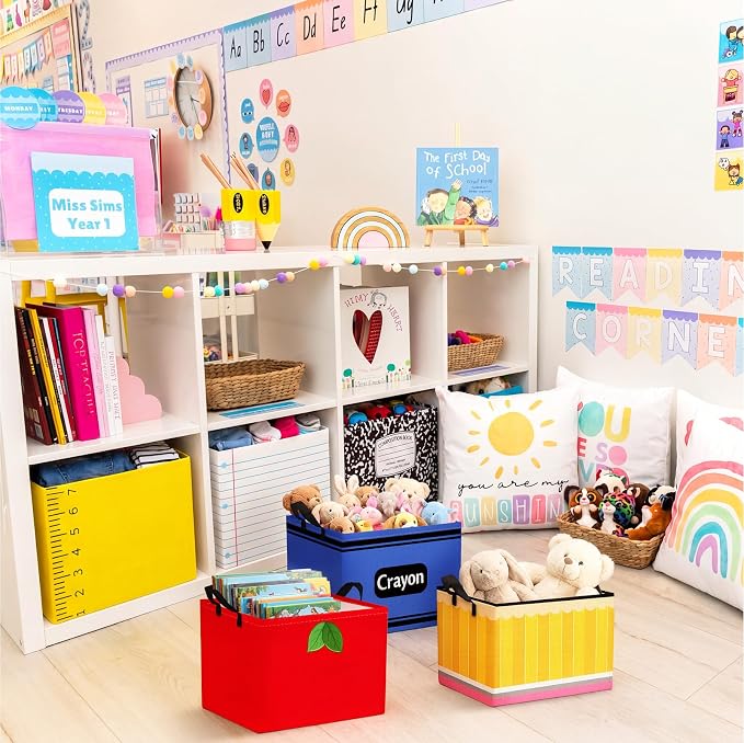 6 Pack Back to School Teacher Baskets with Handles Collapsible Rectangle Storage Basket Pencil Notebook Apple Ruler Crayon Cute Canvas Organizer Bin for Classroom Gifts Book Closet Shelf Nursery Decor