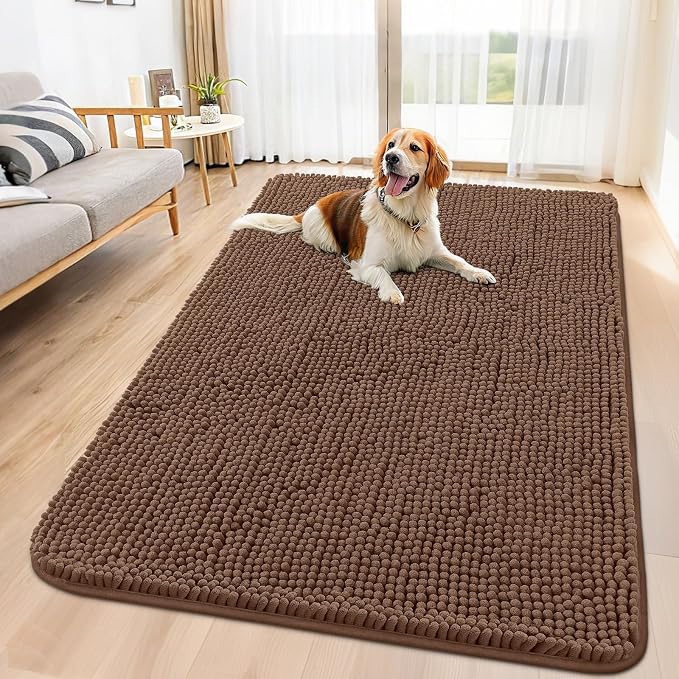 Smiry Dog Door Mat for Muddy Paws 59x35, Absorbent Dirt Trapper, Non-Slip Washable Chenille Entryway Rug for Inside Floor, Mocha, Classic Solid