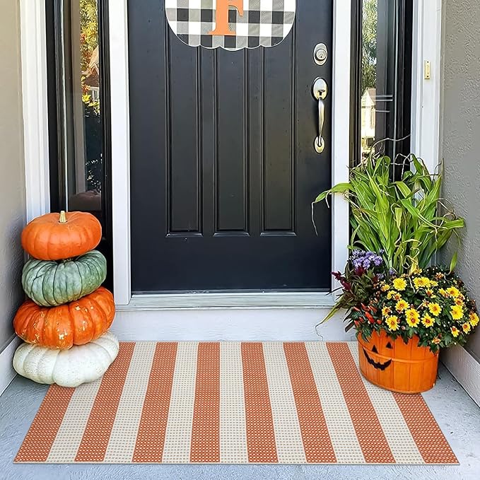 OJIA Front Door Rug 24"x51" Outdoor Door Mat Striped Porch Rug Fall Decor | Washable Front Door Mat Outside Entrance Small Area Rug Cotton Woven Carpet for Porch Kitchen Entryway Patio Orange/White