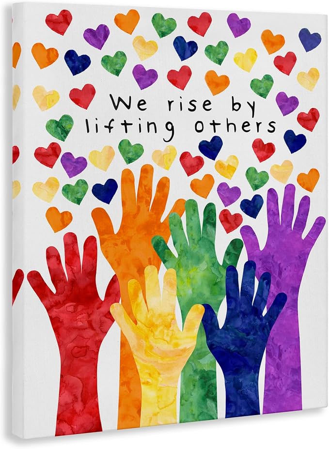 Rainbow Hand Hearts Affirmation, 16 x 20 Inch Canvas Wall Art | Stupell Industries · By Erica Billups · Ready to hang · Kids room · classroom · playroom friendly · Made in USA