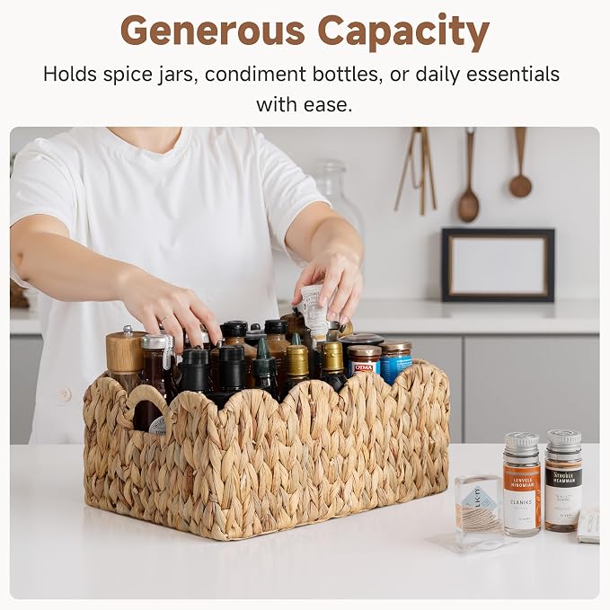 StorageWorks Scalloped Water Hyacinth Baskets, Hand-woven Rattan Baskets with Built-in Handles, Cute Baby Basket for Nursery, Basket for Organizing and Decor, 15"L x 11"W x 6¾"H