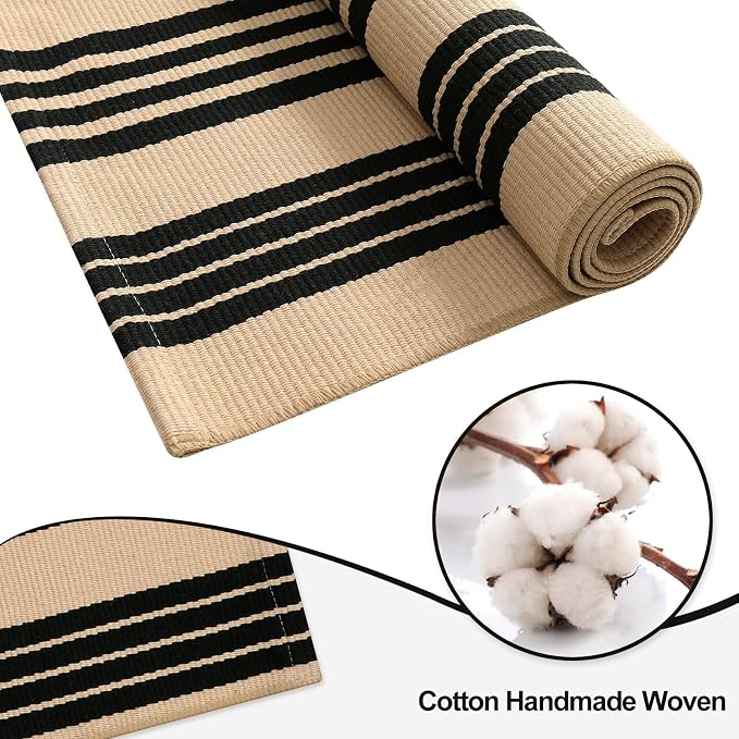 OJIA Front Door Mat 24"x35" Washable Front Porch Rug Outdoor Doormat Decor | Black and Tan Entry Rug Indoor Outdoor Rugs Doormat Cotton Woven Striped Small Area Rugs for Porch/Farmhouse/Home Entrance