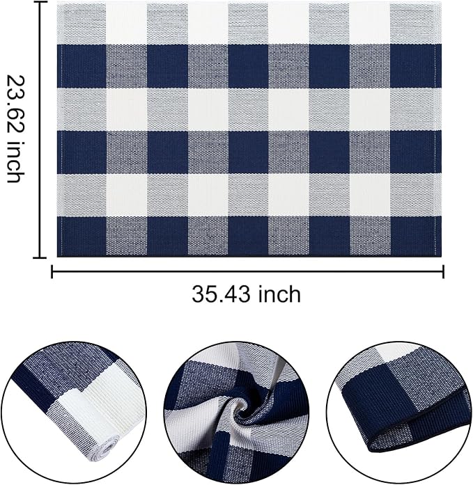 Front Door Mat Outdoor 24''x35''Blue and White Buffalo Plaid Area Rug Machine Washable Cotton Woven Layering Doomat for Hello/Welcome Mat Porch，Kitchen,Farmhouse,Entryway,Bedroom