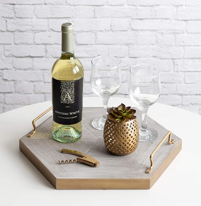 Kate and Laurel Sade Decorative Hexagon Tray with Handles, 16", Concrete Gray and Gold, Modern Tray for Ottoman, Centerpieces, Or Bathroom and Bedroom Decor