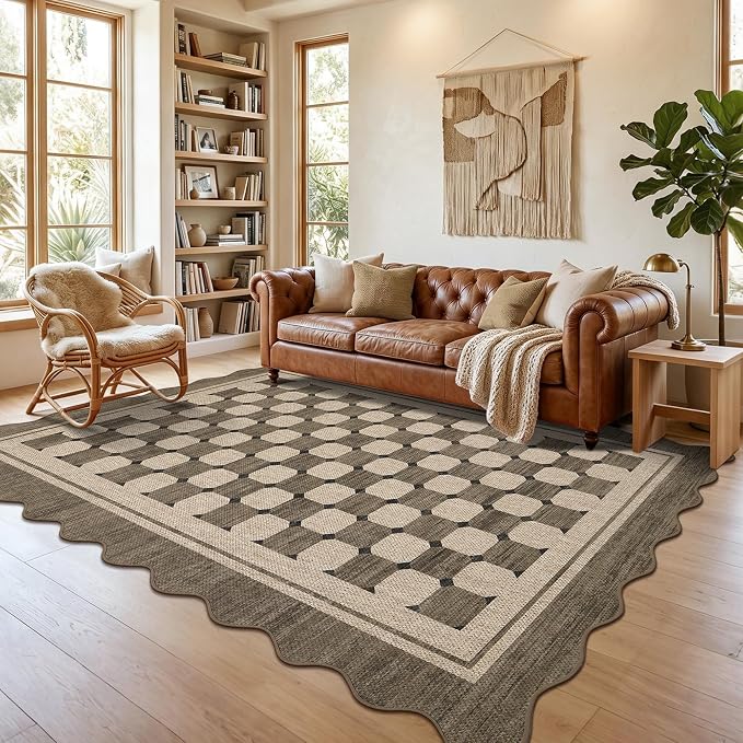Garvee Scalloped Easy Jute 5x7 Outdoor Patio Rug, Washable Modern Boho Rugs for Living Room, Non-Slip Farmhouse Checkered Outdoor Mat Neutral Floor Carpet for Patio Dining Room Backyard 5'x7'