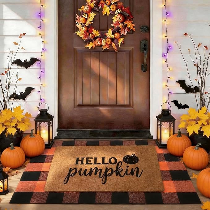 2 Pcs Halloween Decor Door Mat Combo Set, Coir Welcome Mat & 27.5 x 43 Inches Orange and Black Plaid Rug,Layered Buffalo Plaid Mat for Front Porch Entryway, Indoor Outdoor Welcome Mats