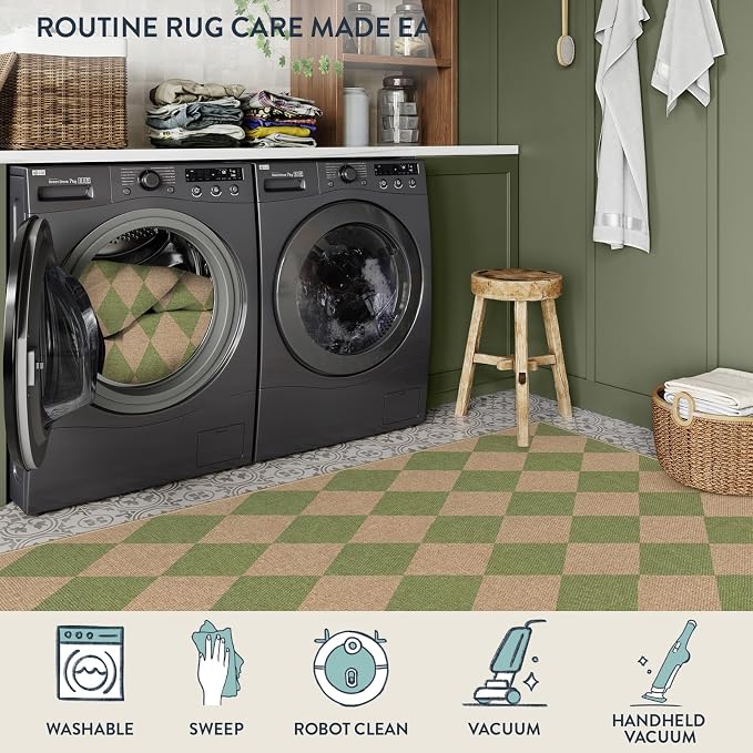 Lahome Checkered Easy Jute Living Room Rug, 8x10 Outdoor Rugs Washable | Farmhouse Natural Non Slip Green Area Rug, Non Shedding Carpet for Indoor Patio Porch Deck Sunroom Dining Room Classroom