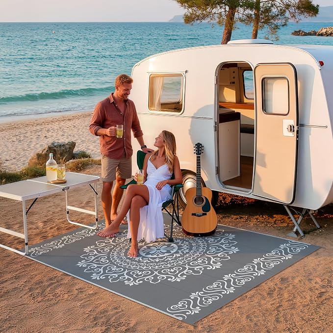 Pauwer Outdoor Rug 6x9, Waterproof Plastic Straw Camping Rug, Floral Grey | Reversible Patio Rug, UV Resistant Indoor Outdoor RV Mat Carpet For Deck, Camper, Porch, Balcony, Backyard, Picnic, Foldable