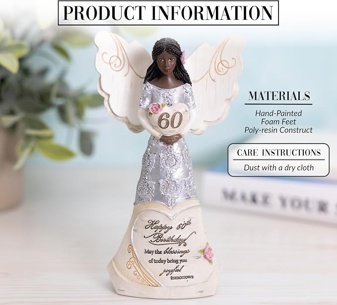 Pavilion Gift Company - Happy 60th Birthday - 6" Ebony African American Angel Figurine Religious Best Friend Bestie BFF God Jesus Lover Christian Christ Gift Present