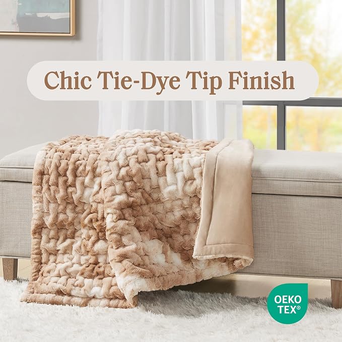 Madison Park Ruched Fur Throw Faux Fur Blanket, 50" x 60", Tan Tie Dye | Luxury, Premium, Soft Cozy Brushed Long Pile, All Season Plush Modern OEKO- TEX Certification Warm For Bed, Couch or Sofa