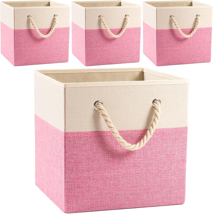 PRANDOM Large Foldable Cube Storage Bins 13x13 inch [4-Pack] Fabric Linen Storage Baskets Cubes Drawer with Cotton Handles Organizer for Shelves Nursery Closet Bedroom Pink