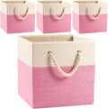PRANDOM Large Foldable Cube Storage Bins 13x13 inch [4-Pack] Fabric Linen Storage Baskets Cubes Drawer with Cotton Handles Organizer for Shelves Nursery Closet Bedroom Pink