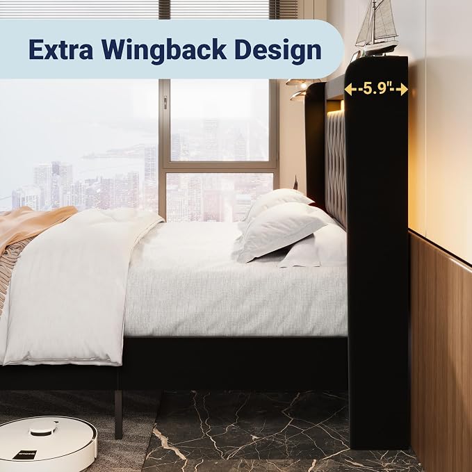 Allewie King Size Upholstered Bed Frame with LED & Charging Station, Black | Customizable LED lights, charging station, tufted wingback headboard, noise-reducing support, and no box spring needed.
