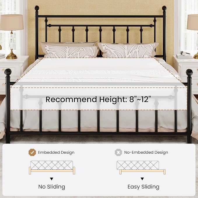 SHA CERLIN 14" King Size Metal Platform Bed Frame/Victorian Headboard and Footboard/Steel Slats Mattress Foundation for Storage/No Box Spring Needed/Noise Free/Black