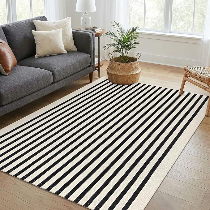 KOZYFLY 4x6 Beige and Black Striped Rug Front Door Rug Cotton Woven Washable Indoor Outdoor Rugs Entrance Layered Doormat for Front Porch Kitchen Patio Farmhouse Carpet