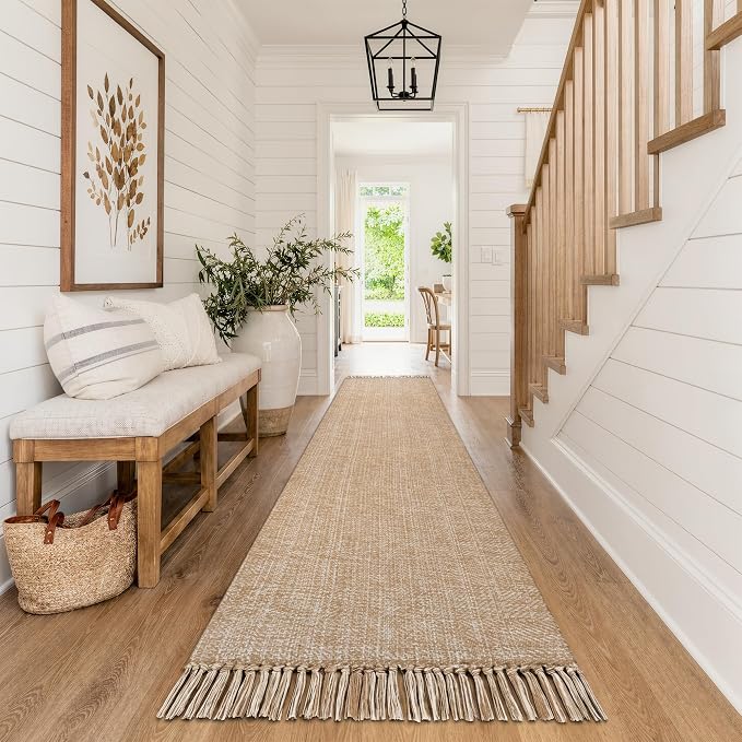 Collive Boho Long Hallway Runner Rug, 2.6x14 ft Washable Runners Rugs for Entry Hall, Tan Modern Farmhouse Braided Kitchen Runer Carpet Woven Cotton Carpets Runners for Bedside
