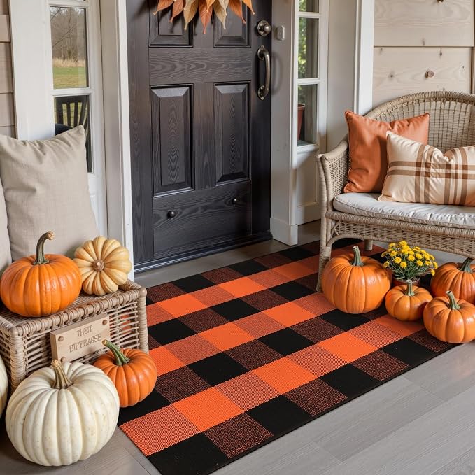 Collive Buffalo Plaid Checkered Outdoor Rug, Black and Orange Halloween Fall Decor Door Mat, Washable 27.5x43 Inches Front Porch Rug, Layered Welcome Mat Doormat for Porch Entryway Patio Kitchen