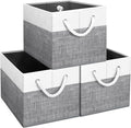 Fab totes Storage Bins 3-Pack, Foldable Storage Baskets for Organizing Toys, Books, Shelves, Closet, Large Storage Box with Rope Handles, Sturdy Organizer Bins, White & Grey