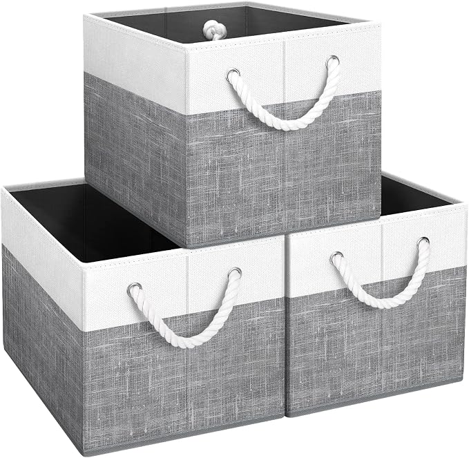 Fab totes Storage Bins 3-Pack, Foldable Storage Baskets for Organizing Toys, Books, Shelves, Closet, Large Storage Box with Rope Handles, Sturdy Organizer Bins, White & Grey