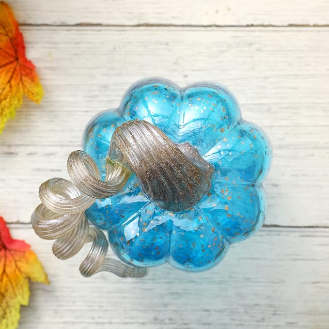 Glitzhome Decorative Hand Blown Glass Pumpkin Figurine, 6.1" H, Blue