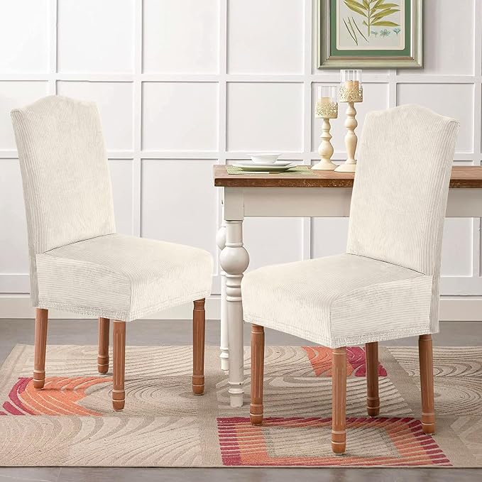 H.VERSAILTEX Velvet Dining Chair Covers Stretch Chair Covers for Dining Room Set of 2 Parson Chair Slipcovers Chair Protectors Covers Dining, Soft Thick Solid Velvet Fabric Washable, Ivory Striped