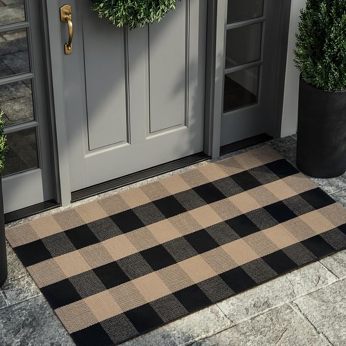 OJIA Buffalo Plaid Checkered Rug 24"x51" Fall Front Door Mat Outdoor Rugs | Black Tan Washable Door Mats Outdoor Entrance Woven Welcome Mat Indoor Outdoor Farmhouse Layered Doormats for Porch Entryway