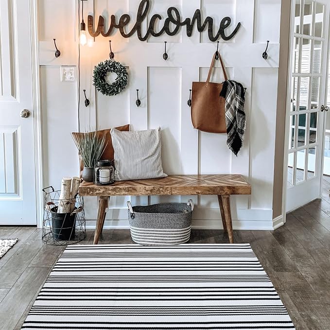 Black and White Striped Outdoor Rug Front Porch Rug 27.5"x43" Cotton Hand-Woven Welcome Mats Layered Door Mats for Front Porch/Entryway/Laundry Room/Bedroom/Outdoor