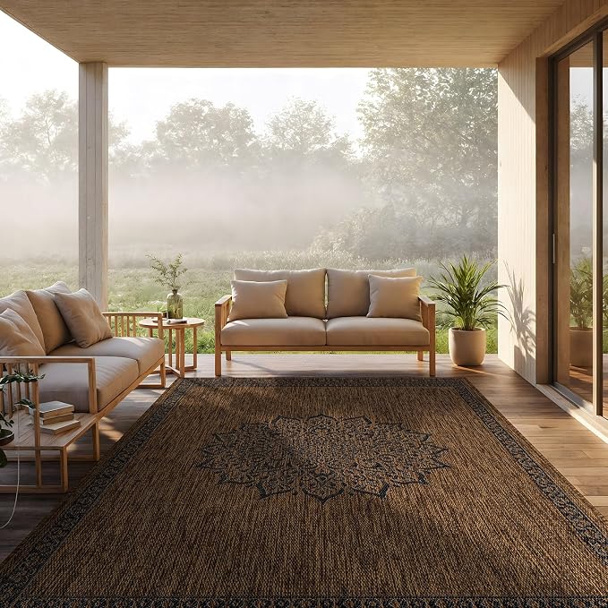 CAMILSON Outdoor Rug 8x10 Medallion Gold Modern Area Rugs for Indoor and Outdoor Patios Kitchen and Hallway Mats Washable Porch Deck Outside Carpet (Medallion Gold 8 x 10)