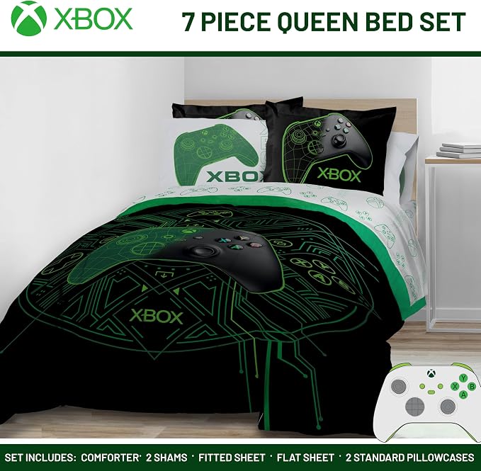 Jay Franco Kids Comforter Set Includes Sheets and Pillow Covers - Soft and Cozy Bed Set for Stylish Room Decor, Official Licensed Product, White - Xbox, 7 Piece Queen