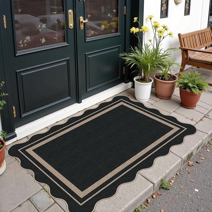 Easy Jute Area Rug 2.6x4, Black Indoor Outdoor Carpet, Washable Non-Slip Floor Mat for Entryway, Bedroom, Living Room