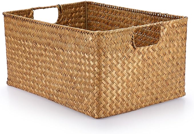 Hipiwe Seagrass Storage Baskets Bin for Shelf Large Handwoven Wicker Basket | Rectangular Bedroom Bathroom Organizer Built-in Handles, Multipurpose Woven Basket Bin Boxes,14.6"x 10.6"x 7.1"