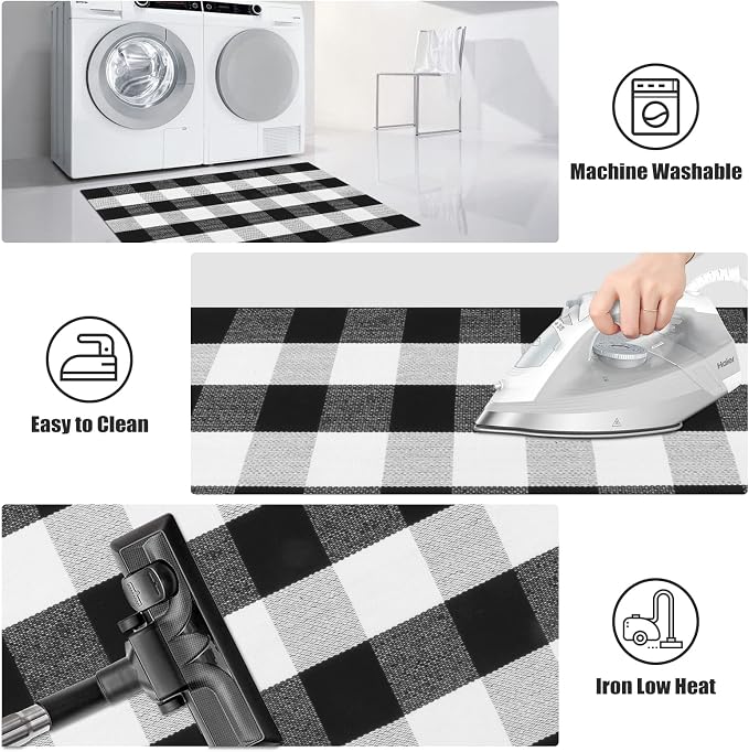 KIMODE Buffalo Plaid Outdoor Rug 3x5, Farmhouse Cotton Front Door Mat, Washable Black and White Checkered Rug Spring Outdoor Decor for Welcome Layered Door Mat Front Porch Entryway Kitchen
