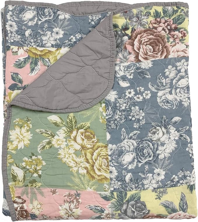 Greenland Home Emma Patchwork Floral Print Quilted Throw Blanket, 60x50-inch, Gray