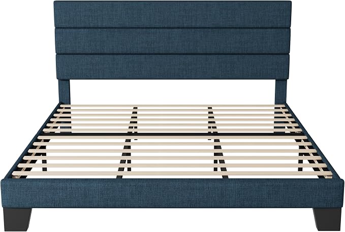 Allewie King Size Platform Bed Frame with Fabric Upholstered Headboard Blue | Wooden Slats Support, Fully Upholstered Mattress Foundation, No Box Spring Needed, Easy Assembly, Noise-Free, Blue