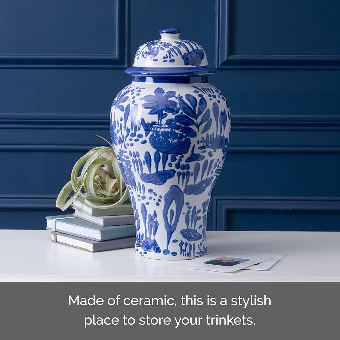 Mikasa Blue and White Landscape Round Ceramic Ginger Jar, Store Small Household Items or Display Faux Florals