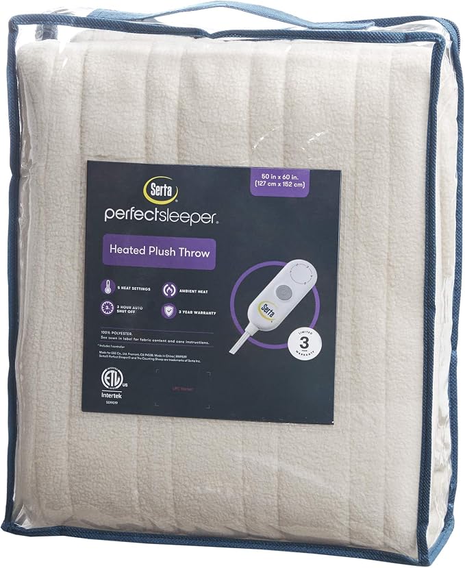 Serta Heated Electric Throw - Reversible Fleece Heating Blanket,Light Brown | Dual-Layer Heated Throw Blanket With 5 Heat Settings & Auto Shut Off, Machine Washable, ETL Certified