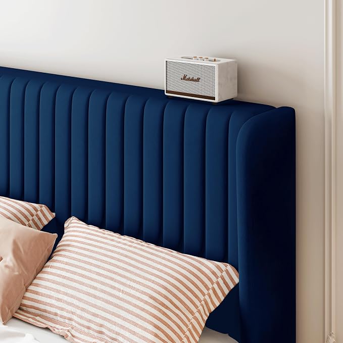 SHA CERLIN King Size Velvet Bed Frame, Tufted Wingback Headboard, Blue | 47'' Modern Vertical Channel Headboard, Upholstered Platform Bed, Wood Slats, No Box Spring Needed, Easy Assembly, Noise Free