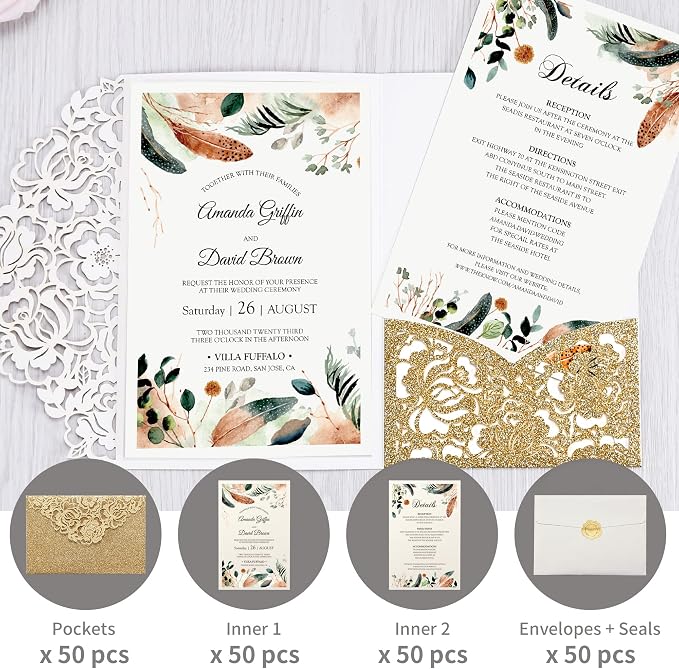 DORIS HOME 50Pcs Personalized Laser Cut Wedding Invitations, Gold Glitter | 4.7"x7.1", Customized Anniversary Invitations, With Envelopes