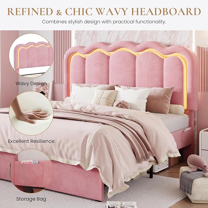 SHA CERLIN Full Size Bed Frame with LED Lights and Storage Drawer, Pink | Upholstered Velvet Platform Bed with Adjuatable Wavy Headboard, Noise-Free, Easy Assembly,No Box Spring Needed