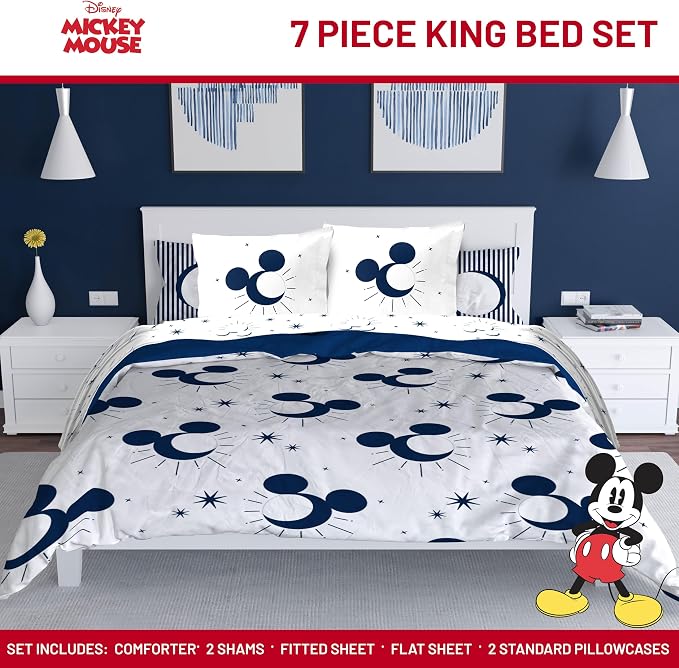 Disney Mickey Mouse King Comforter Set 7 Piece Celestial Bedding, White | Bed in a Bag, Comforter Sheets Shams Pillowcases, Official Product, Soft Microfiber, Machine Washable, Easy Care
