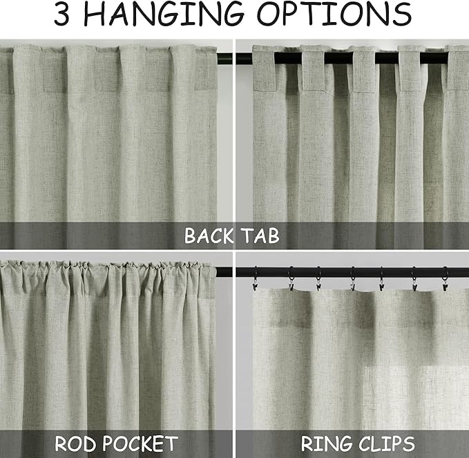 Nanspring Sage Green Linen Curtains 63 Inches Length 2 Panels Set for Living Room Back Tab Pocket Light Filtering Semi Sheer Drapes Cotton Linen Textured Pale Green Window Curtain 52X63 Inches