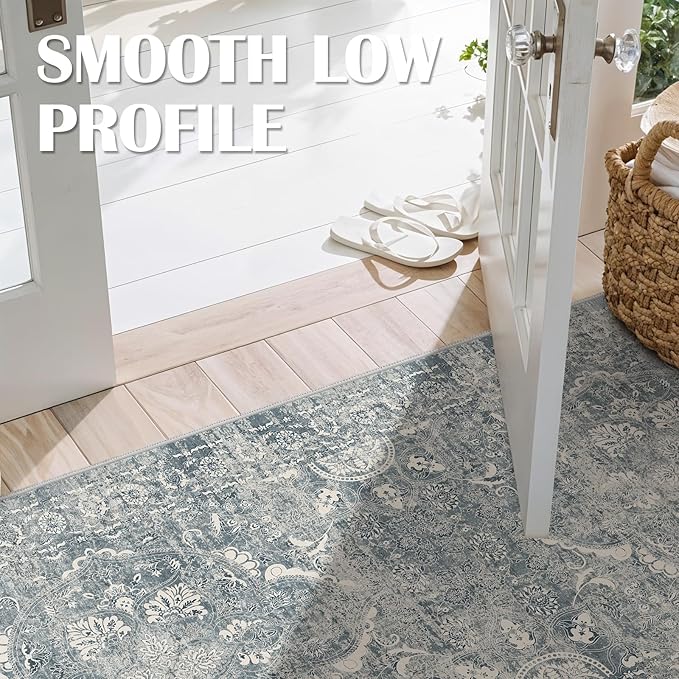 2'6"x16' Washable Hallway Runner Rug - Non Slip Kitchen Runner Rugs with Rubber Backing Vintage Low-Pile Carpet Runners for Entryway Dining Room Laundry Room Home Decor (Blue)