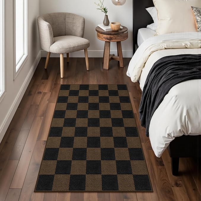 Rugalia Easy Jute Checkered Entryway Rug, 2.6x4 Coffee Modern Indoor Outdoor Doormat Non-Slip Washable Kitchen Rug, Neutral Farmhouse Checkerboard Throw Rugs for Entrance Bedroom Porch Patio