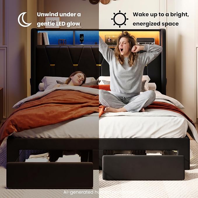 SHA CERLIN Queen Velvet Platform Bed Frame with 2 Storage Drawers, LED Storage Headboard with Charging Station, Upholstered Wingback Headboard, Noise-Free, No Box Spring Needed, Easy Assembly, Black